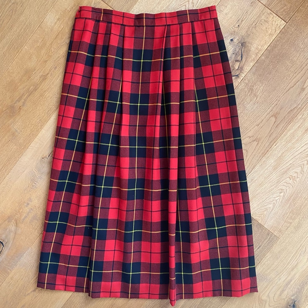 Lands' End Red and Black Plaid Wool A-Line Skirt